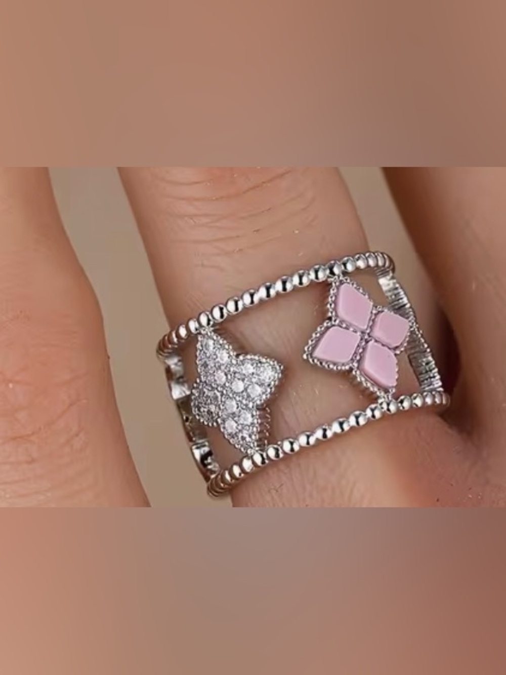Silver tone Pink Clover & stone Ring- Surgical Steel